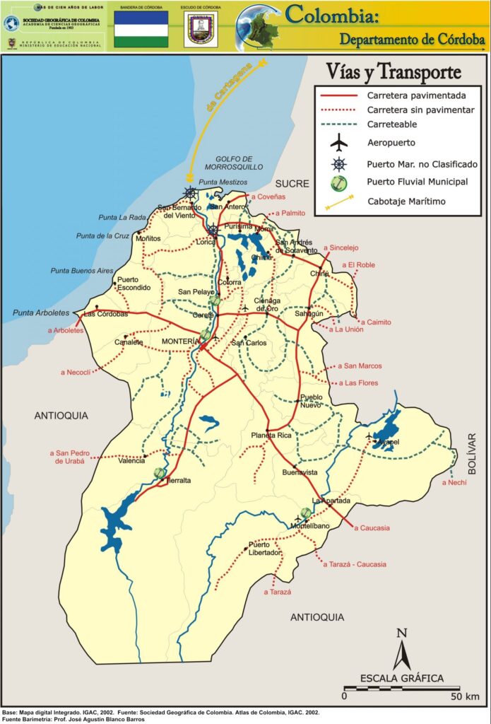 Mapa Vial y Transporte Departamento de Cordoba