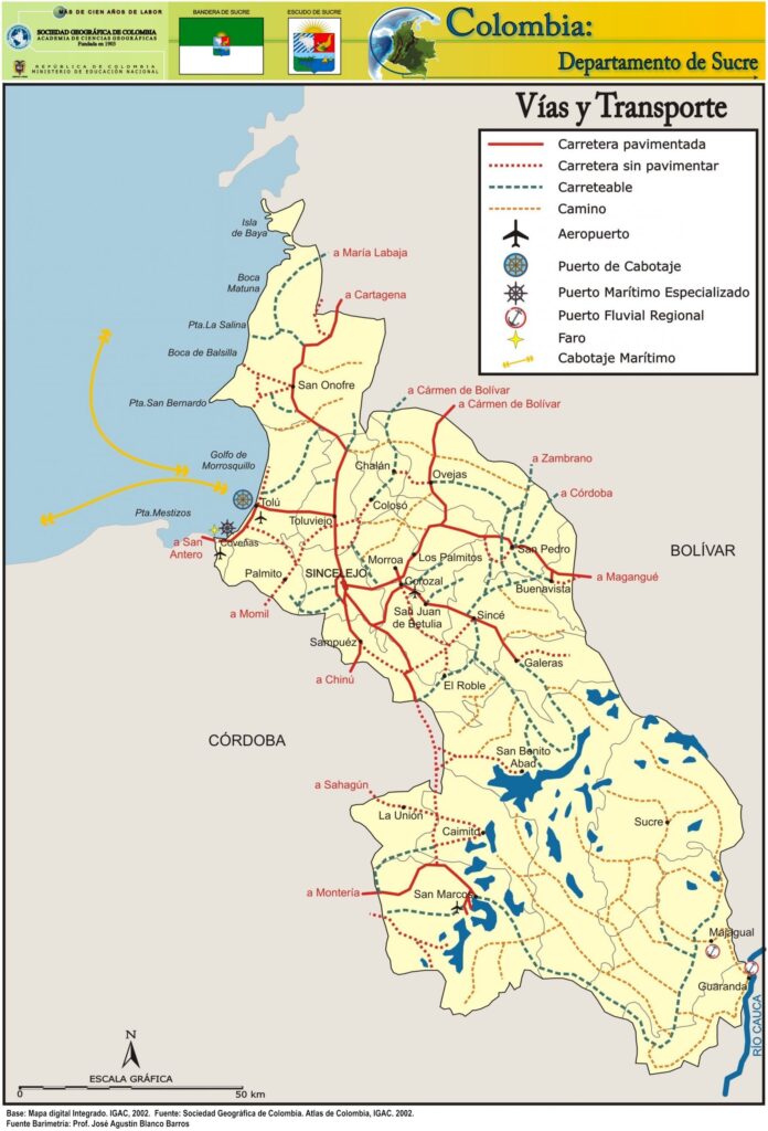Mapa Vial y Transporte Departamento de Sucre